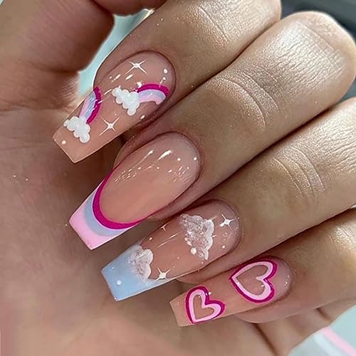 Brishow Valentinstag Künstliche Nägel Lang Nägel zum Aufkleben Rosa Herz Press on Nails Ballerina Acryl falsche Nägel 24 Stück für Frauen und Mädchen von Brishow