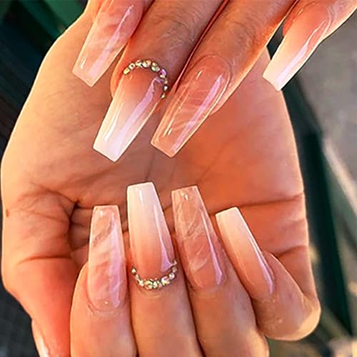 Brishow Künstliche Nägel Lange Nägel zum Aufkleben French Rosa Press on Nails mit Strass Ballerina Acrylic Falsche Nägel 24pcs für Frauen und Mädchen von Brishow