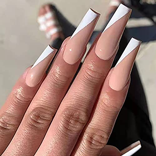 Brishow Künstliche Nägel Lange falsche Nägel Französisch Ballerina Acrylic Drücken Sie auf die Nägel Full Cover 24pcs für Frauen und Mädchen von Brishow