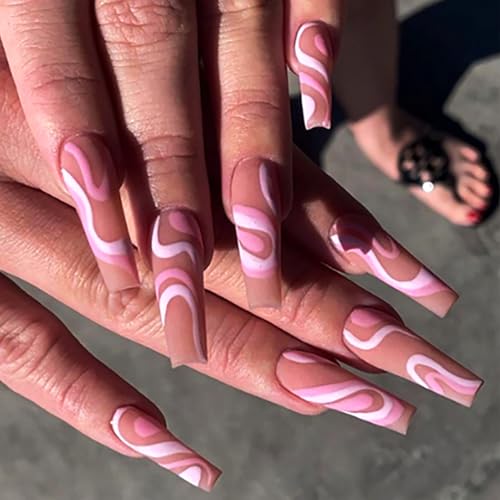 Brishow Künstliche Nägel Lange press on nails Rosa Linien Nägel zum Aufkleben Ballerina Acryl fake nails 24 Stück für Frauen und Mädchen von Brishow