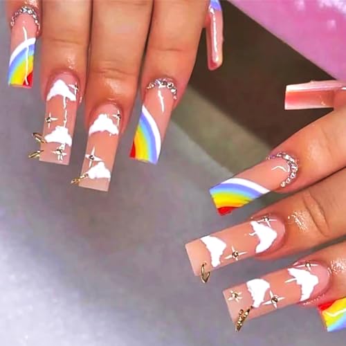 Brishow Rosa Nägel zum Aufkleben Künstliche Nägel Lang Press on Nails mit Regenbogen Strass Ballerina Acryl Falsche Nägel 24 Stück für Frauen und Mädchen von Brishow