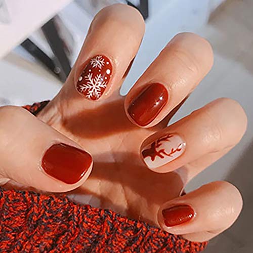 Brishow Weihnachten Nägel zum Aufkleben Schnee Press on Nails mit Elch Rot Künstliche Nägel Falsche Nägel Kurze Fake Nails 24 Stück für Frauen und Mädchen (a) von Brishow