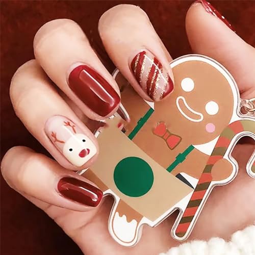 Brishow Weihnachten Nägel zum Aufkleben Schnee Press on Nails mit Elch Rot Künstliche Nägel Kurze Fake Nails 24 Stück für Frauen und Mädchen (f) von Brishow