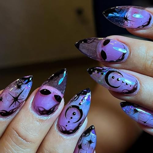 Brishow Künstliche Nägel für Halloween, Nägel zum Aufkleben, schwarzer Geist, dunkler Mond, Press on Nails kurze, 24 Stück für Frauen und Mädchen von Brishow