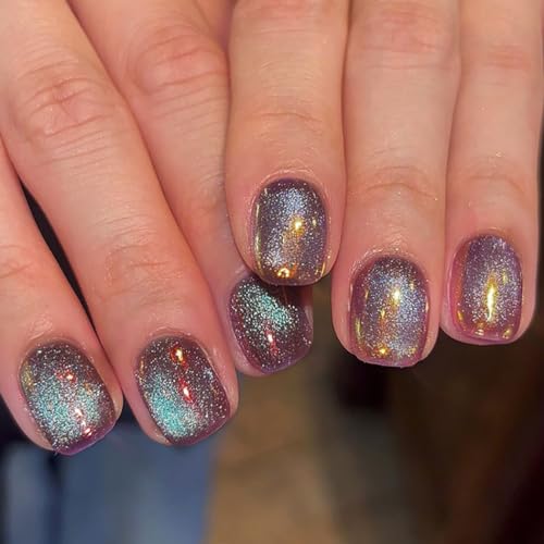 Brishow Künstliche Nägel mit Katzenauge, Nägel zum Aufkleben french quadratisch, Press on Nails mit Glitzer, kurz fake nails 24 Stück, für Damen und Mädchen von Brishow