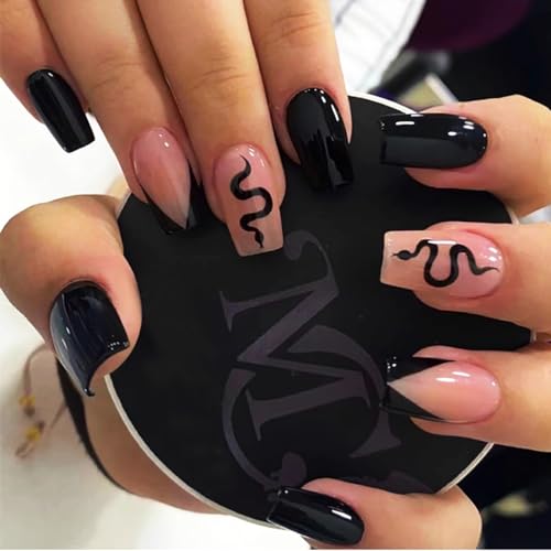 Brishow Kurz Künstliche Nägel zum Aufkleben Press on Nails mit Schwarze Schlange French Rosa Falsche Nägel 24 Stück für Frauen und Mädchen von Brishow