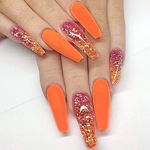 Brishow Lange Künstliche Nägel Sarg Falsche Nägel Orange Gefälschte Nägel Ballerina Stick on Nails Acryl Falsche Nagelspitzen 24Pcs für Frauen und Mädchen von Brishow