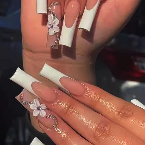 Brishow Rosa Künstliche Nägel Lang, French Nägel zum Aufkleben, Press on Nails mit Kristall Blume, Ballerina Acryl Falsche Nägel 24 Stück für Frauen und Mädchen von Brishow