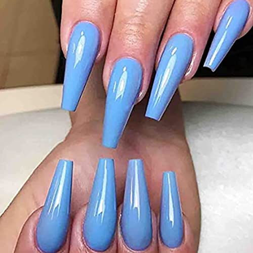 Brishow Sarg Künstliche Fingernägel Lange Falsche Nägel Reine Farbe Stick on Nails Ballerina Glänzende Vollabdeckung Acryl Falsche Nagelspitzen 20Pcs für Frauen und Mädchen (Blau) von Brishow