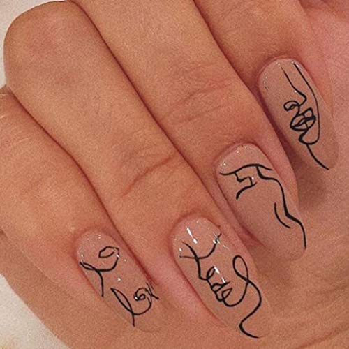 Brishow Almond Nägel zum Aufkleben Kurze Künstliche Nägel Line Art Press on Nails Ballerina Acryl Falsche Nägel 24 Stück für Frauen und Mädchen von Brishow