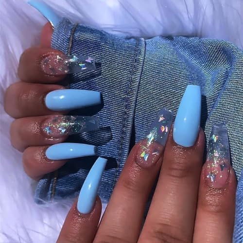 Brishow Nägel zum Aufkleben mit Schmetterling blau Künstliche Nägel Lang Press on Nails Ballerina Acryl Kunstnägel Fake Nails 24 Stück für Frauen und Mädchen von Brishow