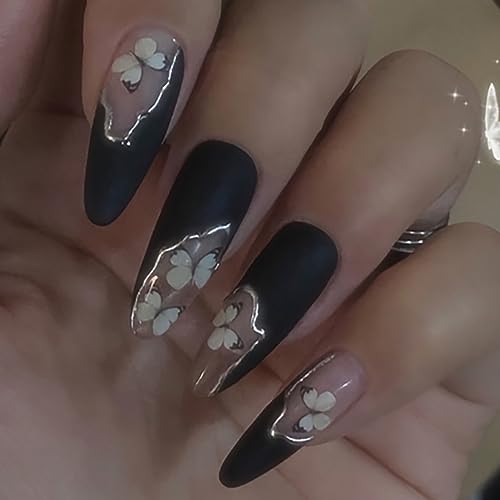 Brishow Almond Nägel zum Aufkleben Schwarze Lange Künstliche Nägel Press on Nails mit Schmetterling Fake Nails 24 Stück für Frauen und Mädchen von Brishow