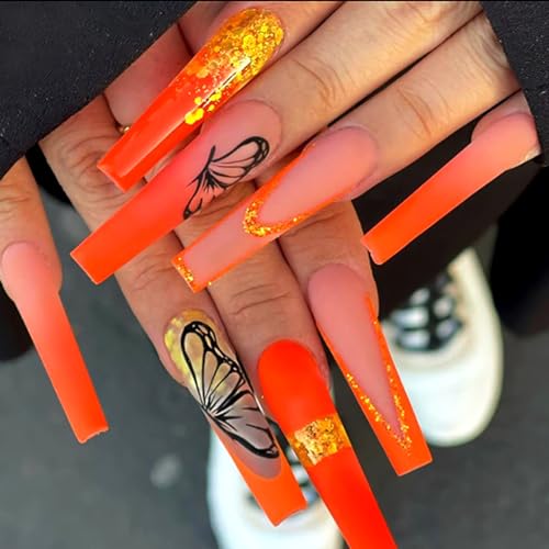 Brishow Orange künstliche Nägel zum Aufkleben Lange Press on Nails mit Gold Glitzer Schmetterling Ballerina Acryl Falsche Nägel 24 Stück für Frauen und Mädchen von Brishow