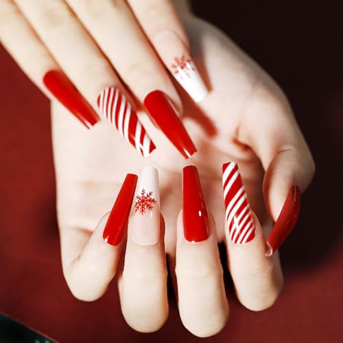 Brishow Weihnachten Nägel zum Aufkleben Rot Künstliche Nägel Lange Schnee Press on Nails Falsche Nägel 24 Stück für Frauen und Mädchen (1) von Brishow