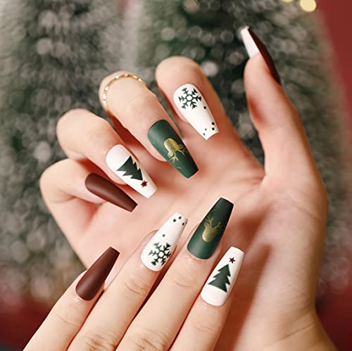 Brishow Weihnachten Künstliche Nägel Schnee Nägel zum Aufkleben Weihnachtsbaum Press on Nails Lange Falsche Nägel 24 Stück für Frauen und Mädchen (3) von Brishow