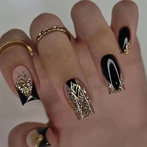 Brishow French künstliche Nägel Gold Glitzer Press on Nails Schwarz Nägel zum Aufkleben Ballerina Acryl Falsche Nägel 24pcs für Frauen und Mädchen von Brishow