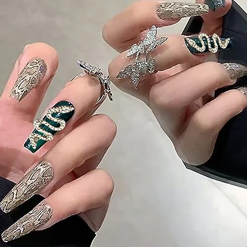 Brishow Sarg künstliche Nägel Gold Schlange Press on Nails Dunkelgrün Lange künstliche Nägel Strass nägel zum Aufkleben Stick on Nails 24 Stück für Frauen und Mädchen von Brishow