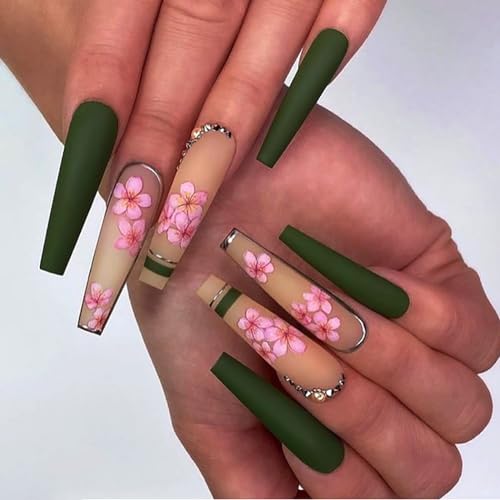 Brishow Lang künstliche Nägel Grün Nägel zum Aufkleben Press on Nails mit Blumen Ballerina-Acryl-Falsche Nägel, 24 Stück für Frauen und Mädchen (a) von Brishow