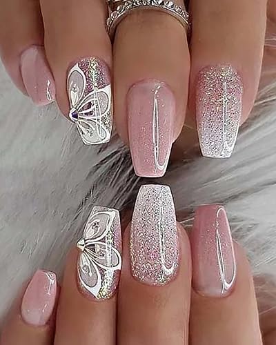 Brishow Sarg künstliche Nägel Silber Blume Pressen auf Nägel Rosa Farbverlauf Stick on Nails Ballerina Acryl Künstliche Nägel 24 Stück für Frauen und Mädchen von Brishow