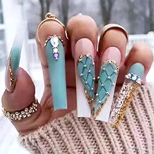 Brishow Lange Künstliche Nägel Fischnetz Nägel zum Aufkleben Herz Gitter Press on Nails Strass Falsche Nägel 24 Stück für Frauen und Mädchen von Brishow