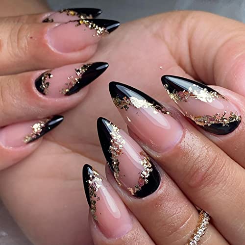 Brishow Sarg künstliche Nägel schwarz spitz gefälschte Nägel Gold Glitzer Press on Nails Ballerina Acryl Stick on Nails 24 Stück für Frauen und Mädchen (a) von Brishow