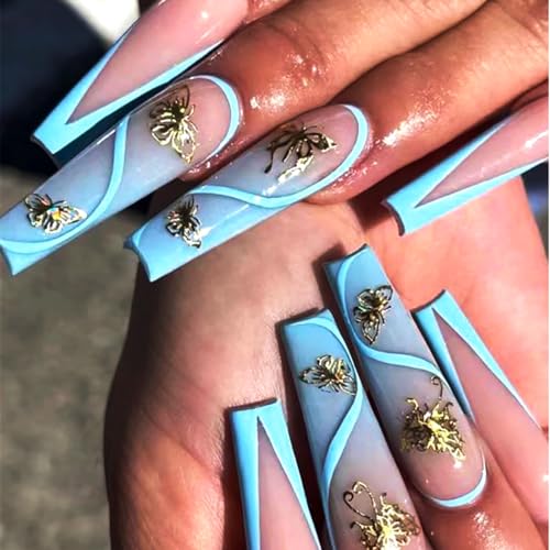 Brishow Blau Künstliche Nägel Lang French Nägel zum Aufkleben Press on Nails Gold Schmetterling Ballerina Acryl Fake Nails 24 Stück für Frauen und Mädchen von Brishow