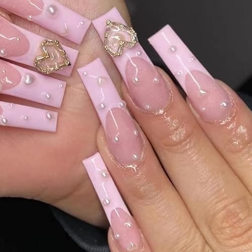 Brishow Sarg lange künstliche Nägel rosa Herz Press on Nails Pearl Stick on Nails Ballerina Acryl Künstliche Nägel 24 Stück für Frauen und Mädchen von Brishow