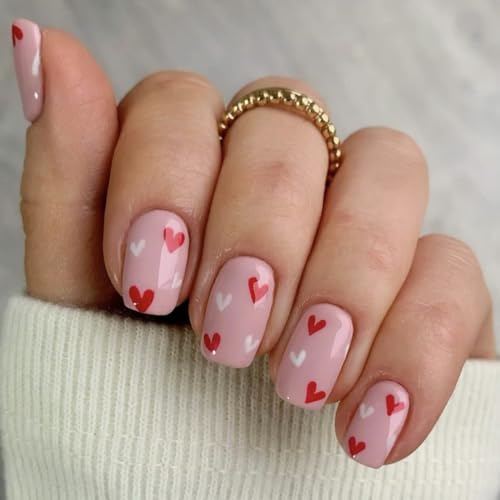 Brishow Künstliche Nägel zum Aufkleben Rot Herz Press on Nails Rosa kurze Falsche Nägel Ballerina Acryl Nagelkleber Fake Nails 24 Stück für Frauen und Mädchen (b) (d) von Brishow