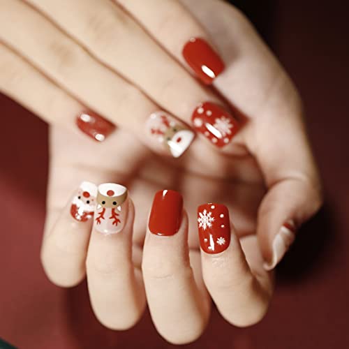 Brishow Weihnachten Künstliche Nägel Weihnachts Baum Schnee Press on Nails Elch Nägel zum Aufkleben Kurz Rot Falsche Nägel 24 Stück für Frauen und Mädchen (1) von Brishow