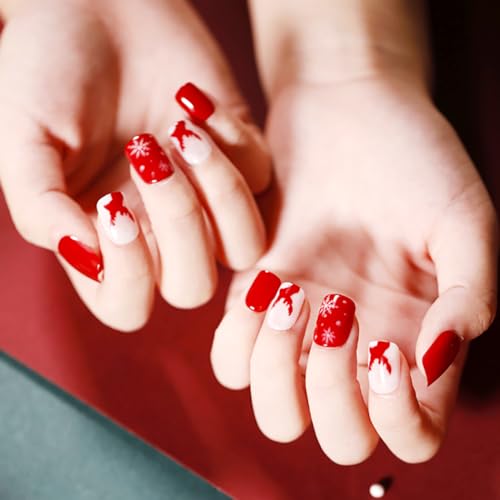 Brishow Weihnachten Künstliche Nägel Weihnachts Baum Schnee Press on Nails Elch Nägel zum Aufkleben Kurz Rot Falsche Nägel 24 Stück für Frauen und Mädchen (3) von Brishow