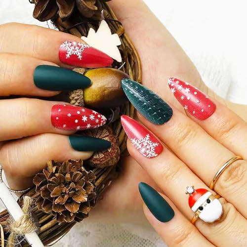 Brishow Weihnachten Künstliche Nägel zum Aufkleben Schnee Press on Nails ballerina Acryl Rot Grün Falsche Nägel Full Cover 24 Stück für Frauen und Mädchen (4) von Brishow