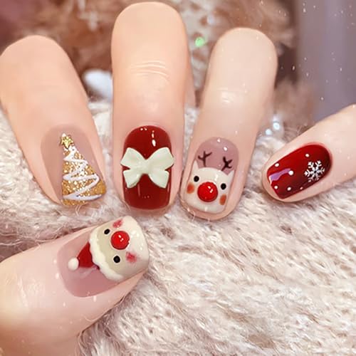 Brishow Weihnachten Künstliche Nägel zum Aufkleben Schnee Press on Nails mit Weihnachtsbaum Rot Kurze Falsche Nägel 24 Stück für Frauen und Mädchen (b) von Brishow