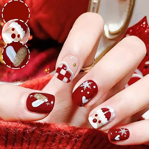 Brishow Weihnachten Künstliche Nägel zum Aufkleben Schnee Press on Nails mit Weihnachtsbaum Rot Kurze Falsche Nägel 24 Stück für Frauen und Mädchen (c) von Brishow