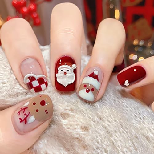 Brishow Weihnachten Künstliche Nägel zum Aufkleben Schnee Press on Nails mit Weihnachtsbaum Rot Kurze Falsche Nägel 24 Stück für Frauen und Mädchen (e) von Brishow