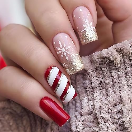 Brishow Nägel zum Aufkleben Rot Künstliche Nägel Kurz, French Press on Nails mit Gold Glitzer, Falsche Nägel Ballerina Acrylic Fake Nails 24 Stück für Frauen und Mädchen (6) von Brishow