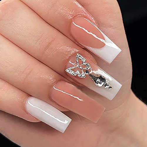 Brishow künstliche Nägel French lange nägel zum aufkleben Schmetterling Strass Farbverlauf Press on Nails Acryl Fake Nails 24 Stück für Frauen und Mädchen von Brishow