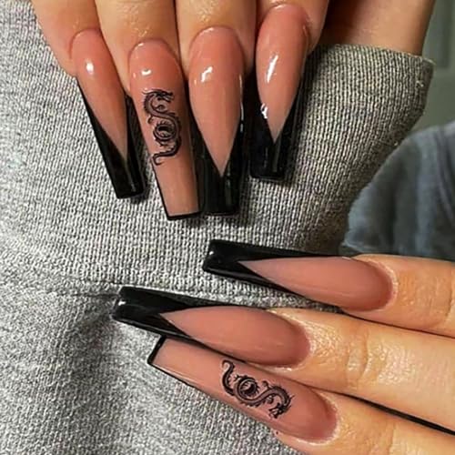 Brishow künstliche Nägel Rosa Lange Nägel zum Aufkleben Press on Nails mit Schwarz Drache French Falsche Nägel Karneval Fake Nails 24 Stück für Frauen und Mädchen von Brishow