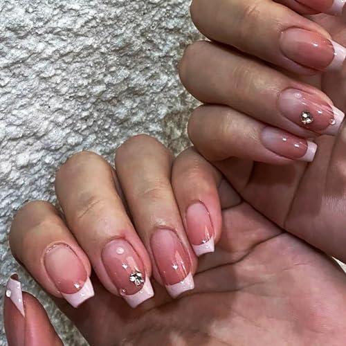 Brishow Künstliche Nägel Kurze Nägel zum Aufkleben French Rosa Press on Nails mit Strass Ballerina Acryl Falsche Nägel 24 Stück für Frauen und Mädchen (a) von Brishow