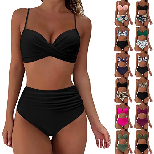 Bikini Damen Set Push Up Bauchweg, Zweiteiliger Badeanzüge Figurformend Bademode Sexy Farbblockdruck Swimsuit Frauen Strandmode Bauchkontrolle Swimmwear Einfarbig Crossover High Waist Bikini-Sets von Briskorry