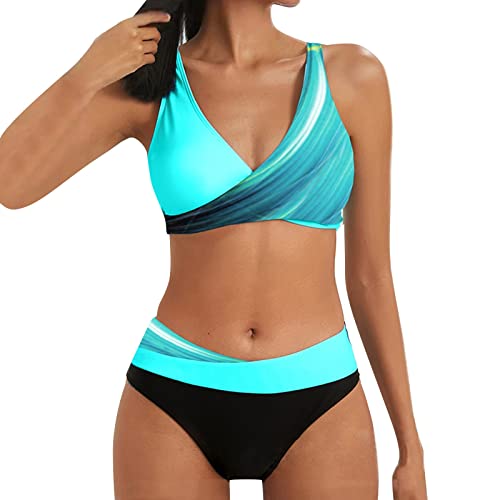 Bikini Damen Set Push Up Bauchweg, Zweiteiliger Badeanzüge Figurformend Bademode Sexy Farbblockdruck Swimsuit Frauen Strandmode Bauchkontrolle Swimmwear Einfarbig Crossover High Waist Bikini-Sets von Briskorry