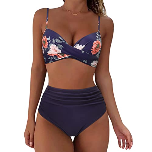 Bikini Damen Set Push Up Bauchweg, Zweiteiliger Badeanzüge Figurformend Bademode Sexy Farbblockdruck Swimsuit Frauen Strandmode Bauchkontrolle Swimmwear Einfarbig Crossover High Waist Bikini-Sets von Briskorry