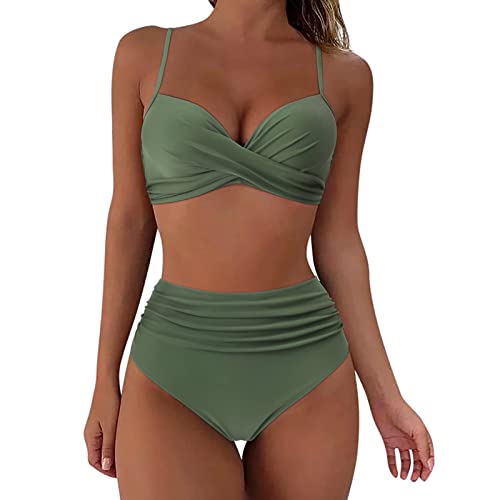 Bikini Damen Set Push Up Bauchweg, Zweiteiliger Badeanzüge Figurformend Bademode Sexy Farbblockdruck Swimsuit Frauen Strandmode Bauchkontrolle Swimmwear Einfarbig Crossover High Waist Bikini-Sets von Briskorry