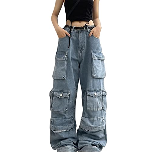 Briskorry Baggy Jeans Damen Y2K Denim Hose Straight Leg Cargohose Damen Y2K Weit Bein High Waist Jeans Baggy-Cargohose für Damen mit Taschen, entspannte Passform, Damen Hosen Stretch Große Größen von Briskorry