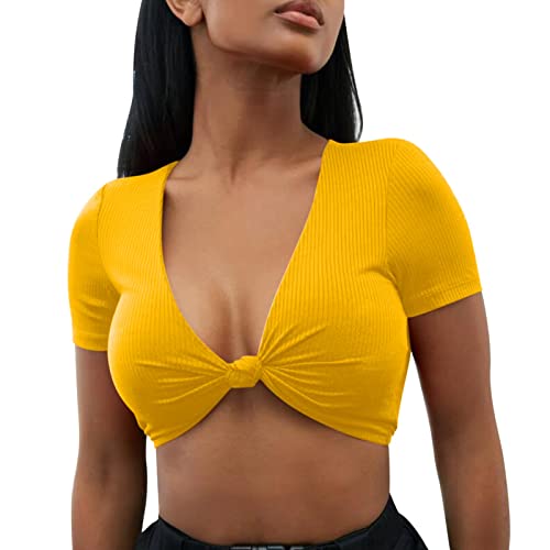 Briskorry Bluse Damen Sommer Sexy T-Shirt Kurzarm Crop Tops Bauchfrei Oberteile Sport Kurze Tank Top Blusen Shirt mit Knopfleiste von Briskorry