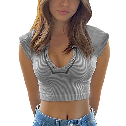 Briskorry Bluse Damen Sommer Sexy T-Shirt Kurzarm Crop Tops Bauchfrei Oberteile Sport Kurze Tank Top Blusen Shirt mit Knopfleiste von Briskorry