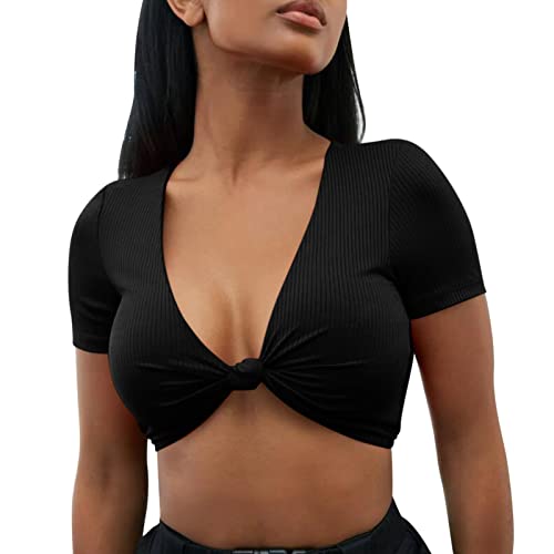 Briskorry Bluse Damen Sommer Sexy T-Shirt Kurzarm Crop Tops Bauchfrei Oberteile Sport Kurze Tank Top Blusen Shirt mit Knopfleiste von Briskorry