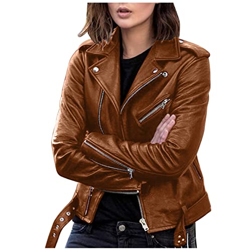 Briskorry Braun Lederjacke Damen Mit Kapuze Leather Damen Jacke Schwarze Mit ReißVerschluss Herbst Winter Kunstlederjacke Ausgestattet ÜBergangsjacke Outwear Mantel von Briskorry