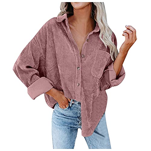 Briskorry Cordhemd Damen Oversize Shirt Langarm Blusen Button Down Cordjacke mit Taschen Farbblock V-Ausschnitt Cord Bluse Hemd Loose Oberteile Freizeitjacke von Briskorry