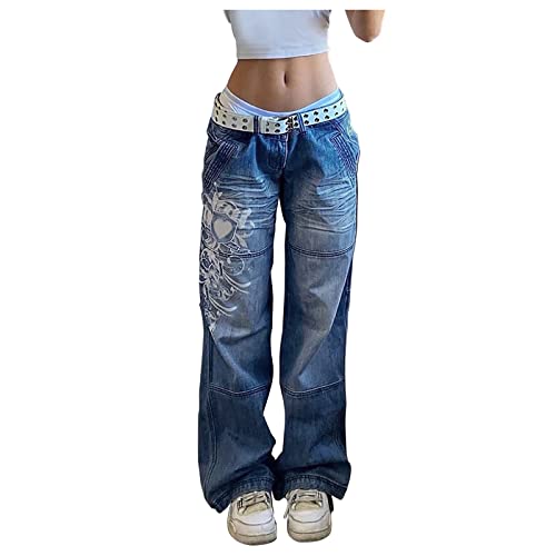 Briskorry Damen Baggy Jeans Y2K Style Jeanshose mit Hoher Taille, Gerade Jeanshose mit Weitem Bein, Mode Loose Flare Bleistift-Jeanshose Schlagjeans, Freizeithose Boyfriend Jeans von Briskorry