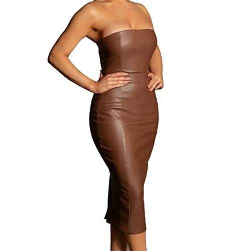 Briskorry Damen Bandeau Lederkleid Lange Kunstleder Langarm Stretch Bodycon Sommerkleid Cocktailkleid Hochzeit Party Festlich Maxi Kleid Clubwear von Briskorry